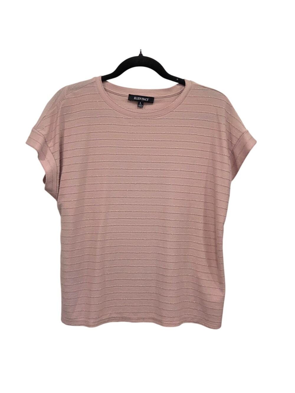 Ellen Tracy Pink Striped Short Sleeve Knit Top Casual Blouse Womens Size L